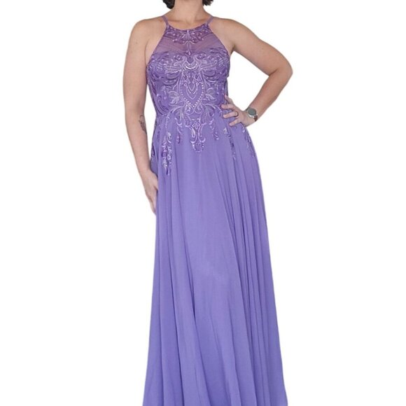 NWT JJ's House Tahiti Purple Lace Chiffon High Neck Prom Gown Dress Size 10 - Picture 6 of 11